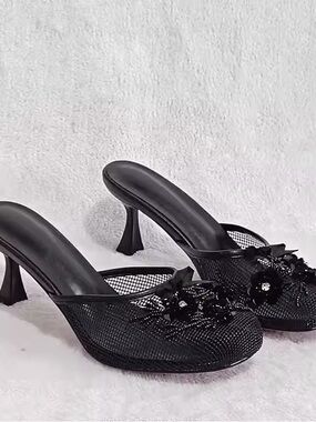 Elegant Black Mesh Floral Mule Heels